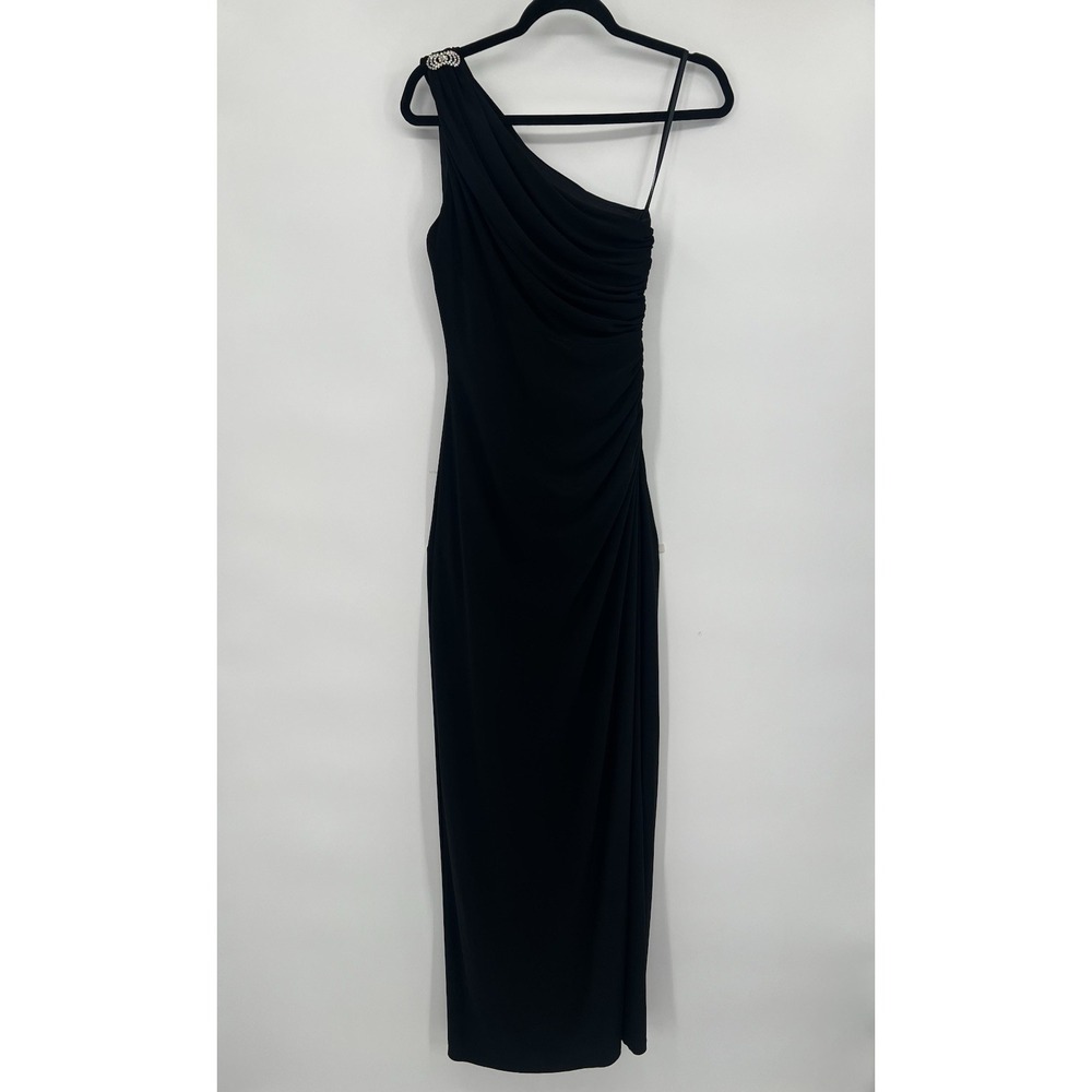 Betsy Adam Womens  Formal Shirred One Shoulder Gown  Black Size 6